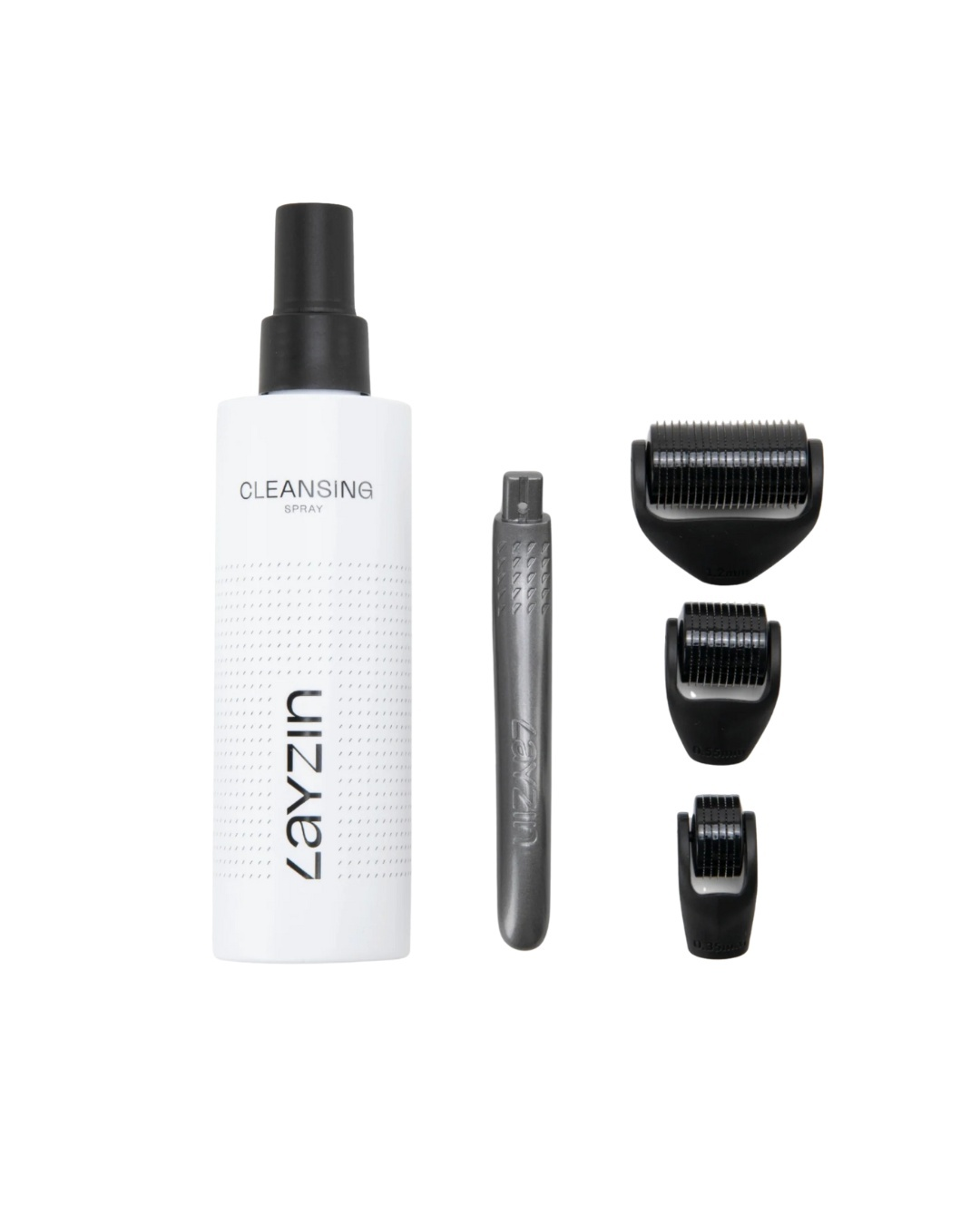 Dermaroller set met 3 verwisselbare rollerkoppen en Layzin cleansing spray voor microneedling huid- en haarbehandelingen