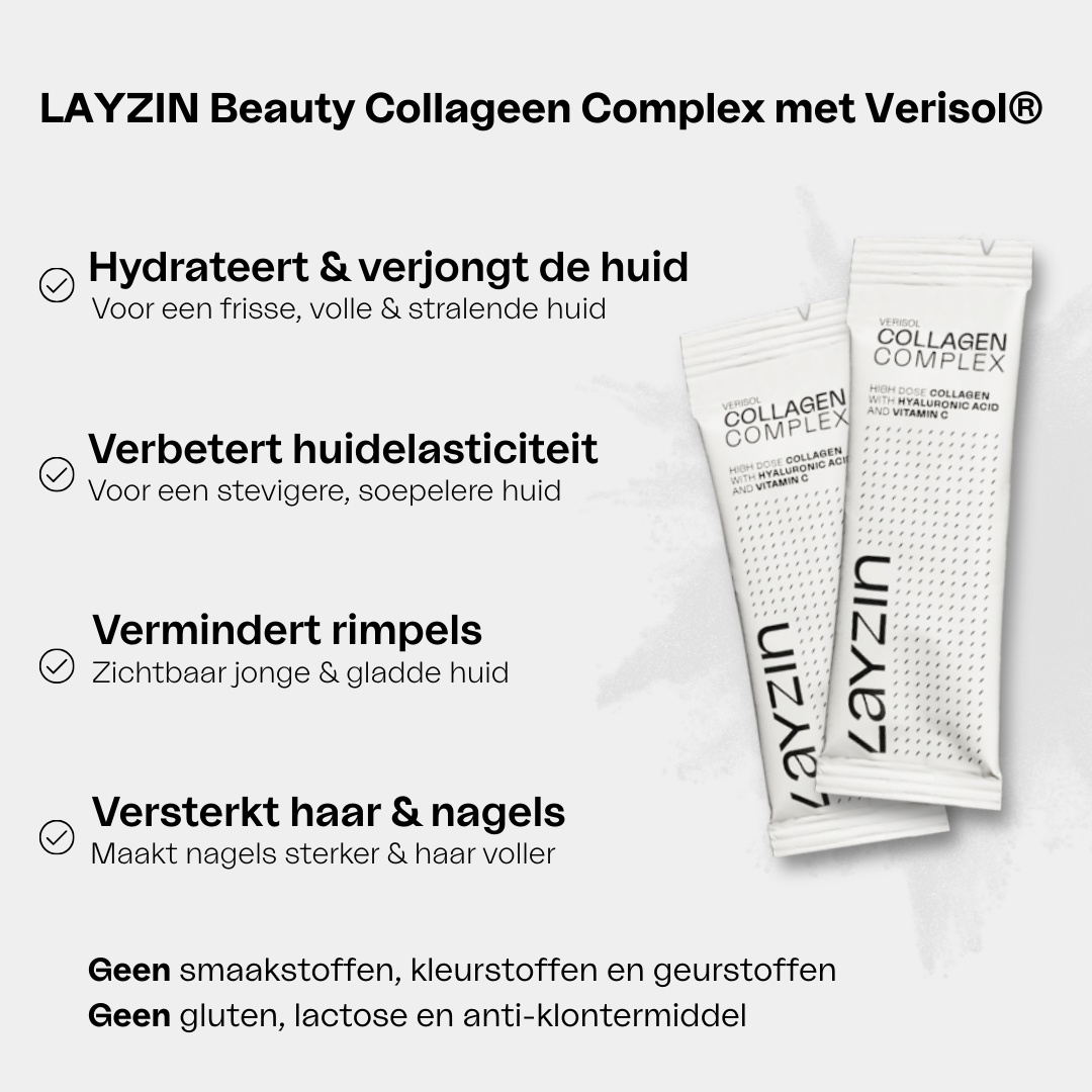 LAYZIN Collageen Beauty Complex sachets with Verisol collagen, hyaluronic acid, and vitamin C for skin hydration, firmness, wrinkle reduction, and stronger hair and nails
