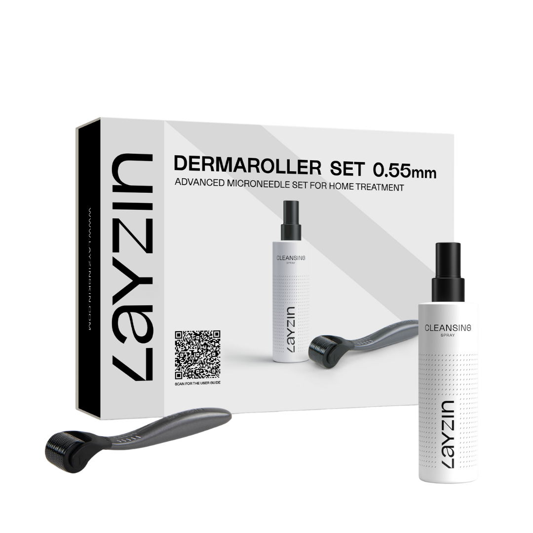 0.55 mm Dermaroller set met metalen hendel en 200 ml cleansing spray voor gezichts- en huidverzorging
