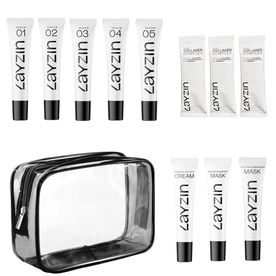 Explore Travel SET met 8 mini serums, 3x collageen zakjes en doorzichtig reisetui voor huidverzorging onderweg