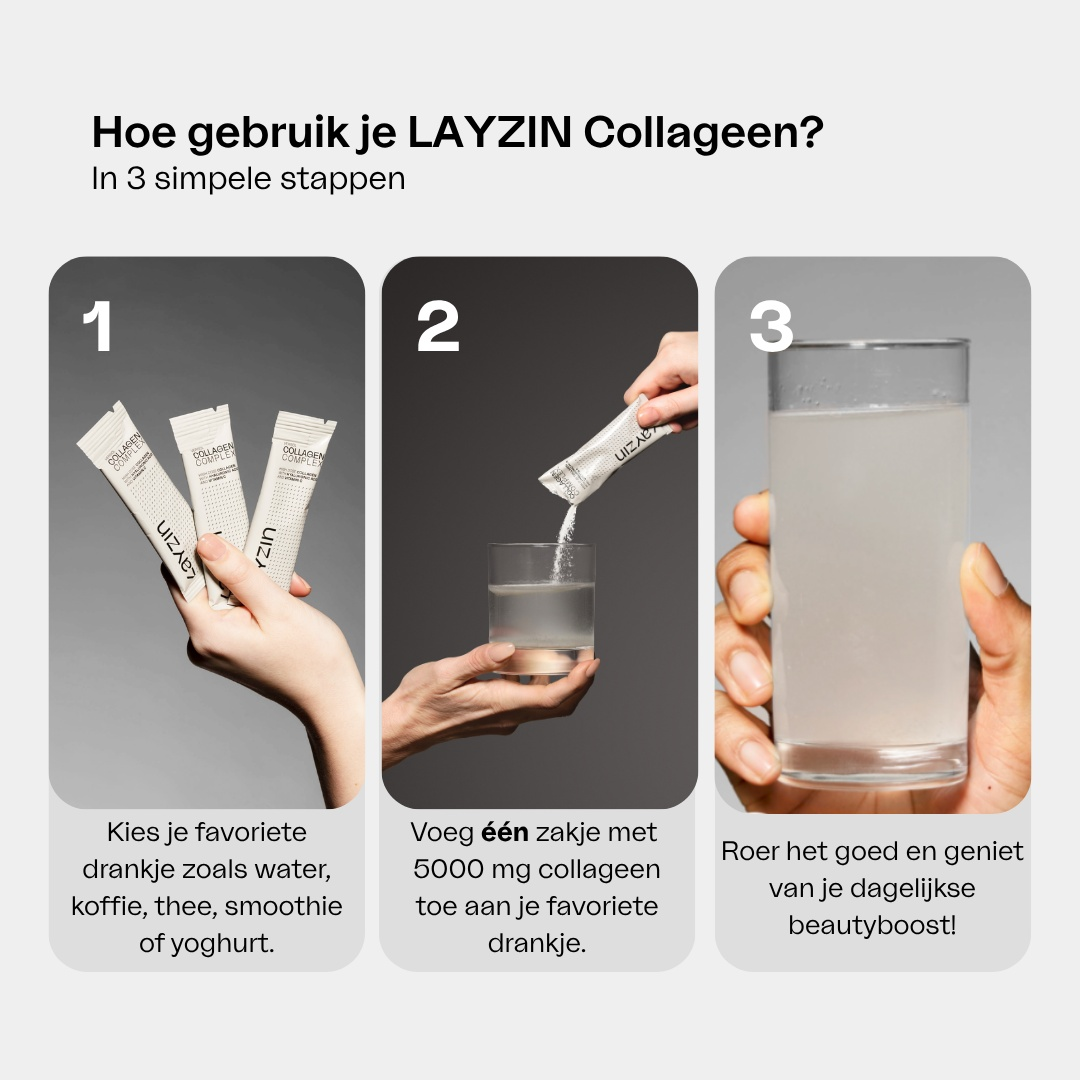 LAYZIN Beauty Collageen Complex met Verisol verpakking en zakjes voor huidverjonging en anti-aging effecten