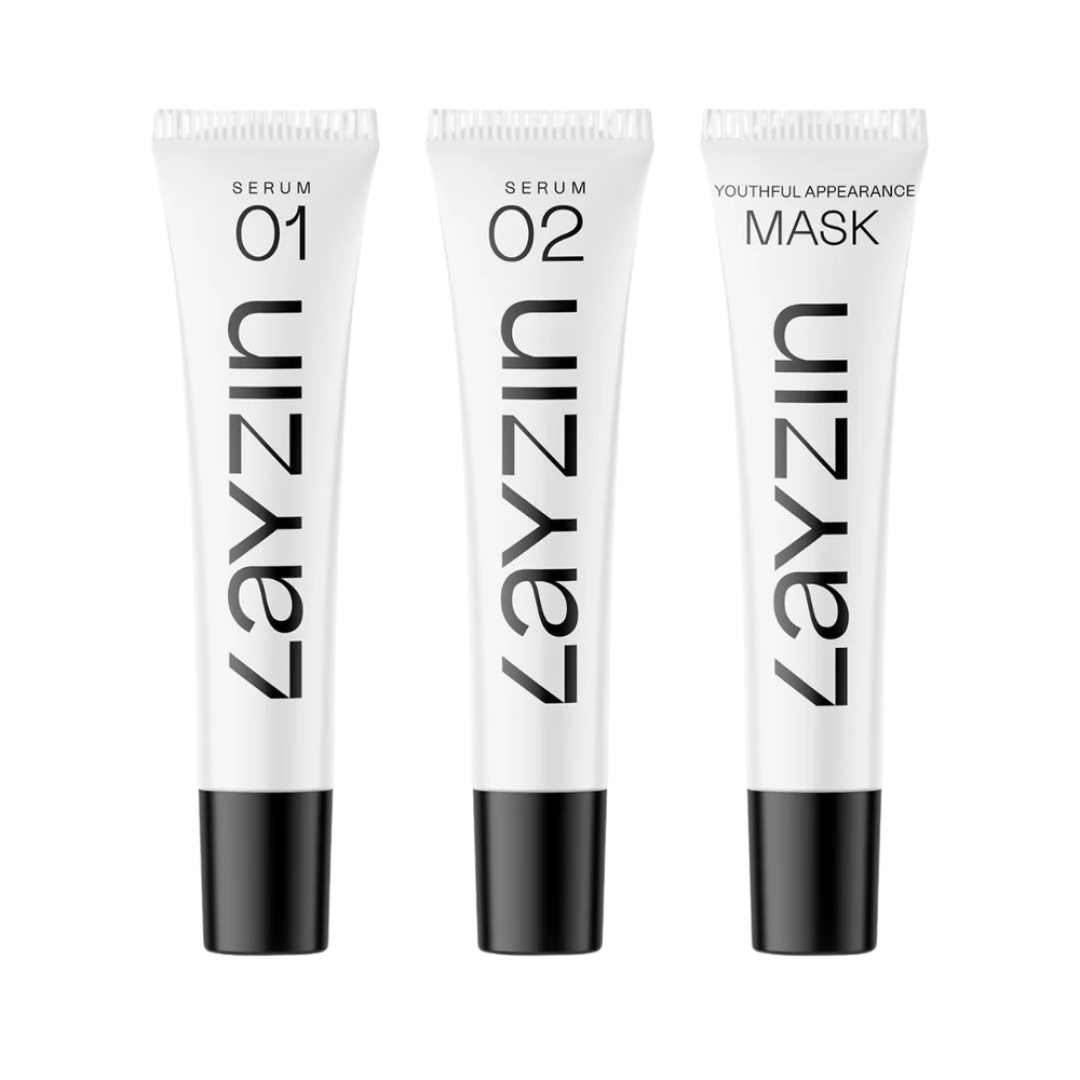 Skin Renewal Trio van Layzin met SERUM 01, SERUM 02 en Youthful Appearance Masker voor huidverjonging en hydratatie.