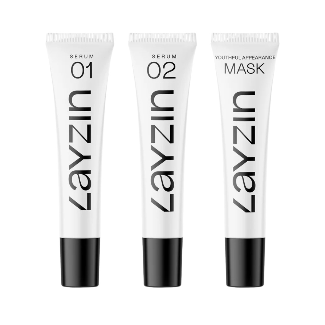Skin Renewal Trio van Layzin met SERUM 01, SERUM 02 en Youthful Appearance Masker voor huidverjonging en hydratatie.