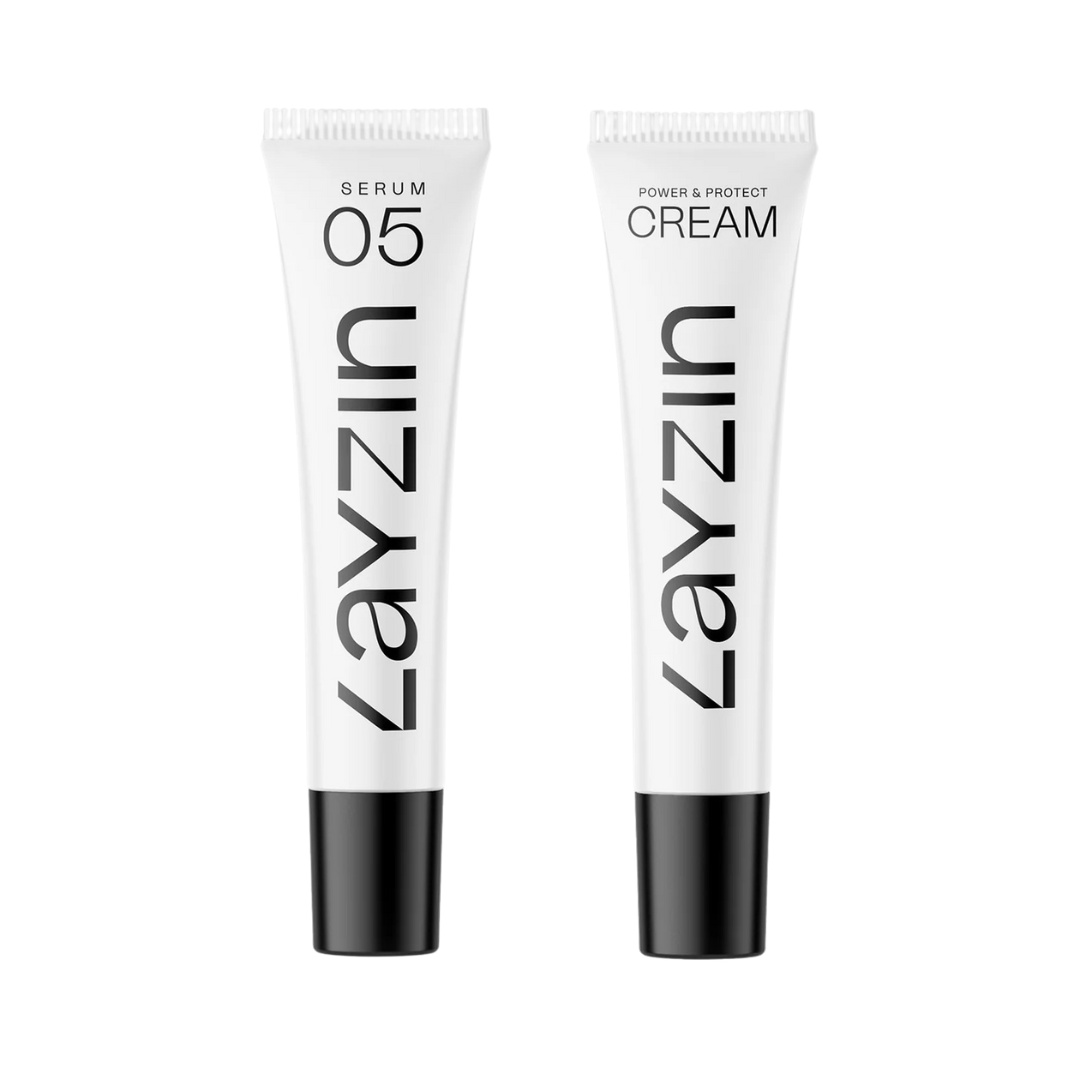 Layzin Gentle Glow DUO serum 05 en Power & Protect cream voor gevoelige huid, kalmerend en beschermend met SPF30.
