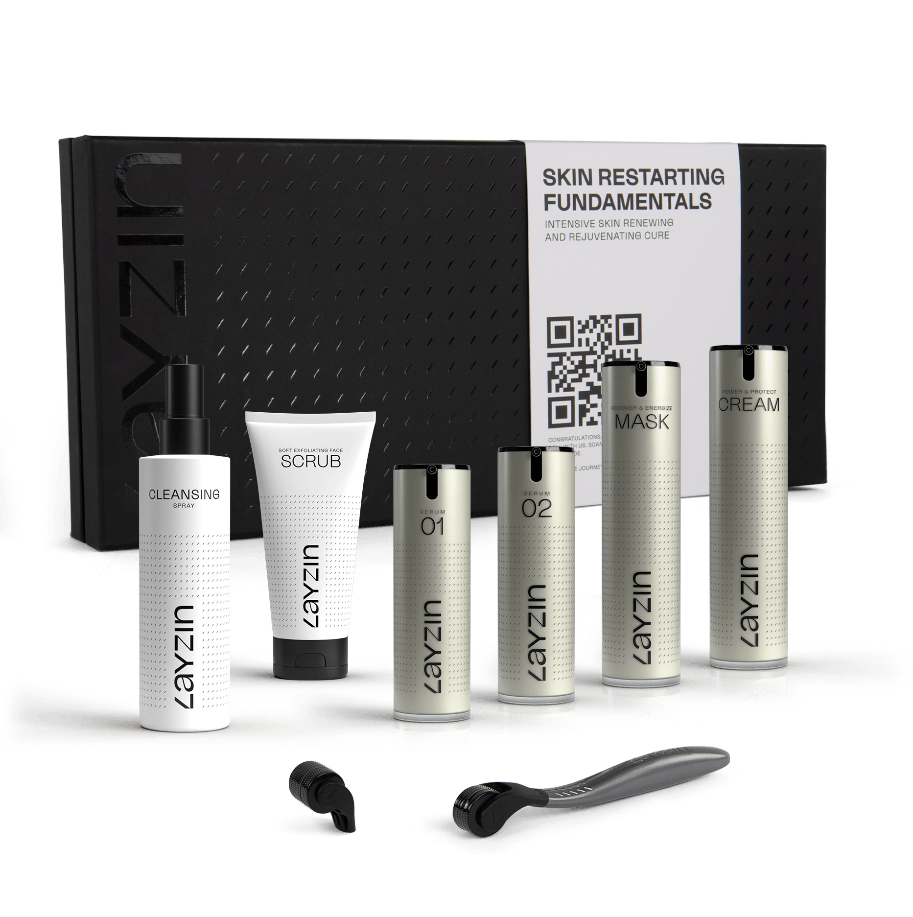 Skin Restarting Fundamentals box met microneedling rollers, serums, masker, reinigingsspray en face scrub voor huidverjonging en anti-aging thuisgebruik