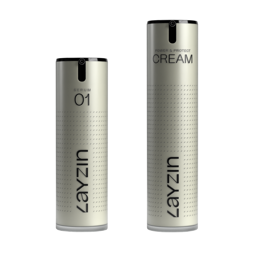 Soothe and Shield voordeelbundel met Layzin Serum 01 en Power & Protect Cream SPF30 voor hydratatie, bescherming en huidversteviging.