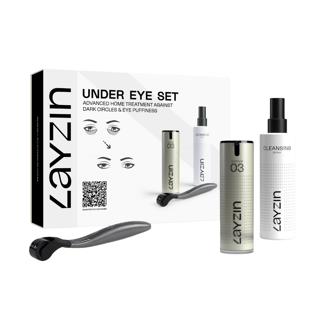Under Eye Dermaroller SET met dermaroller, SERUM 03 oogserum en LAYZIN Cleansing Spray voor frisse, stralende oogcontouren zonder rimpels en wallen.