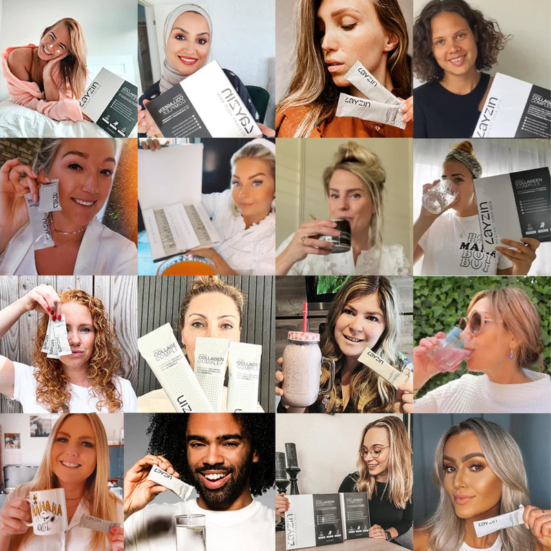 LAYZIN Beauty Collageen Complex met Verisol® verpakking en collageenpoeder zakjes voor huidverjonging en haarverbetering