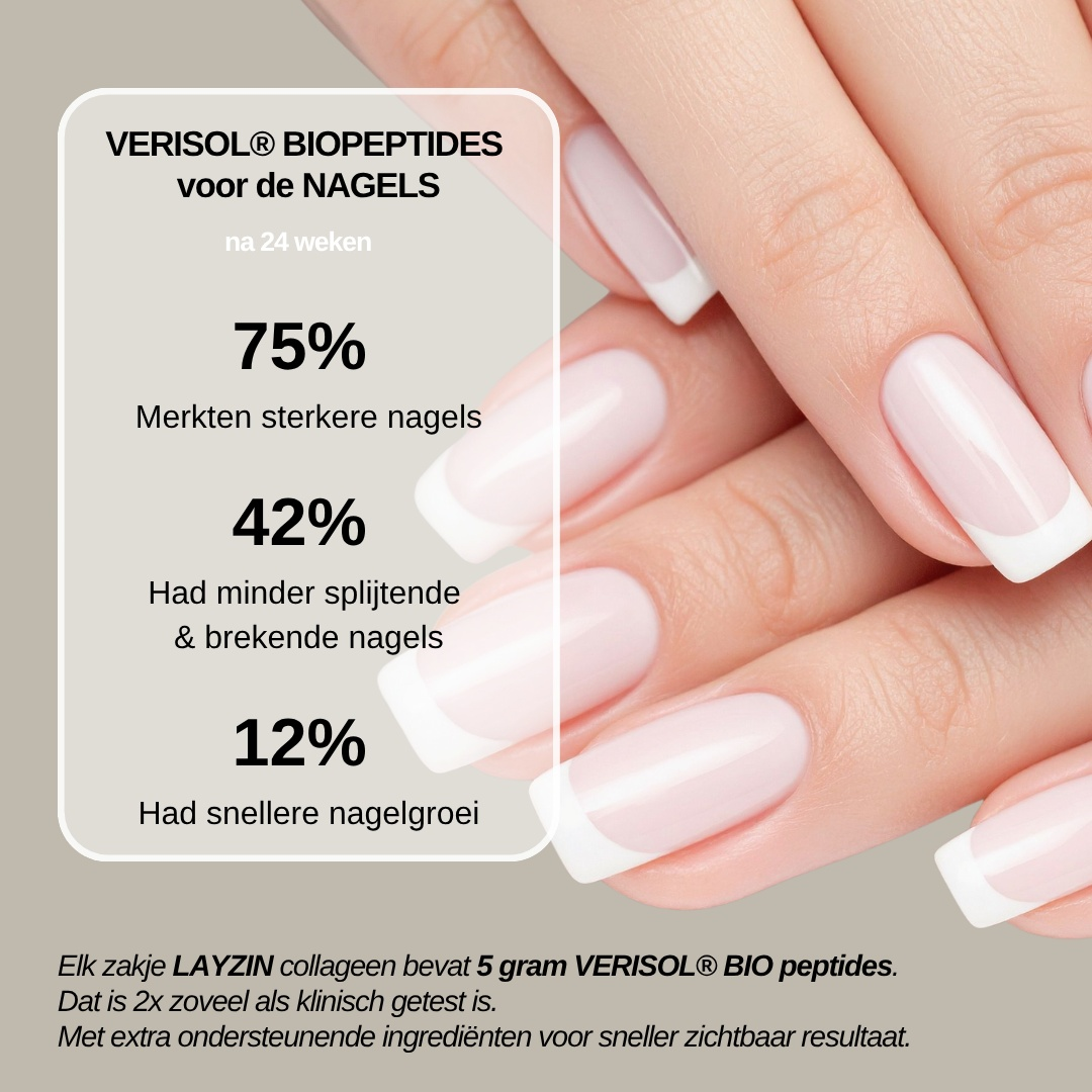 LAYZIN Beauty Collageen Complex met Verisol verpakking met collageenpoeder en vermelding van hyaluronzuur en vitamine C