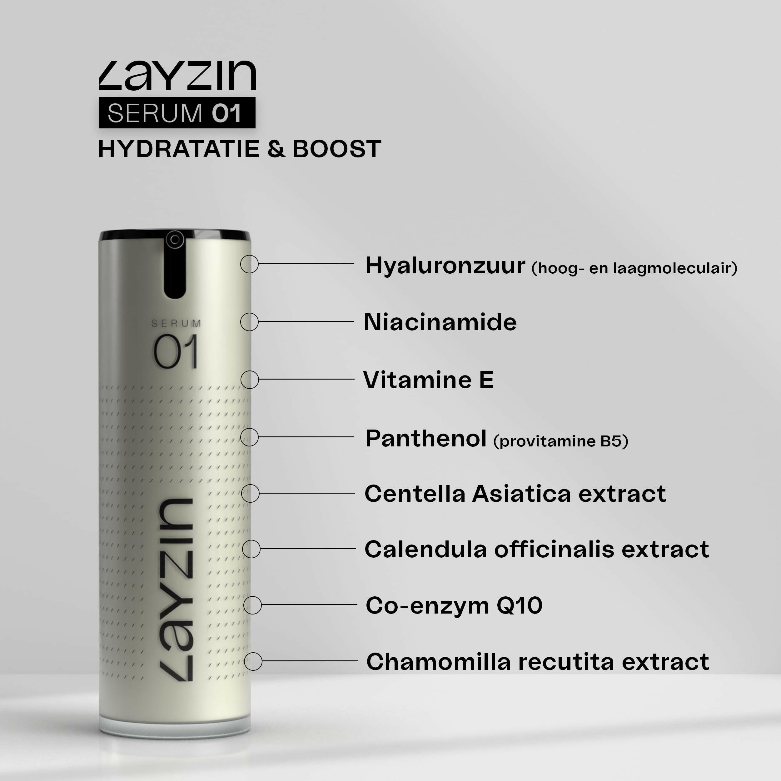 Ingredienten werking SERUM 01 hyaluron serum voor intense hydratatie en vochtbalans huid Niacinamide Vitamine E Q10 