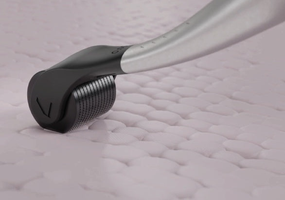 Layzin dermaroller, microneedling, huidverjonging, huidverbetering, metalen dermaroller, verwisselbare dermarollerkop, 