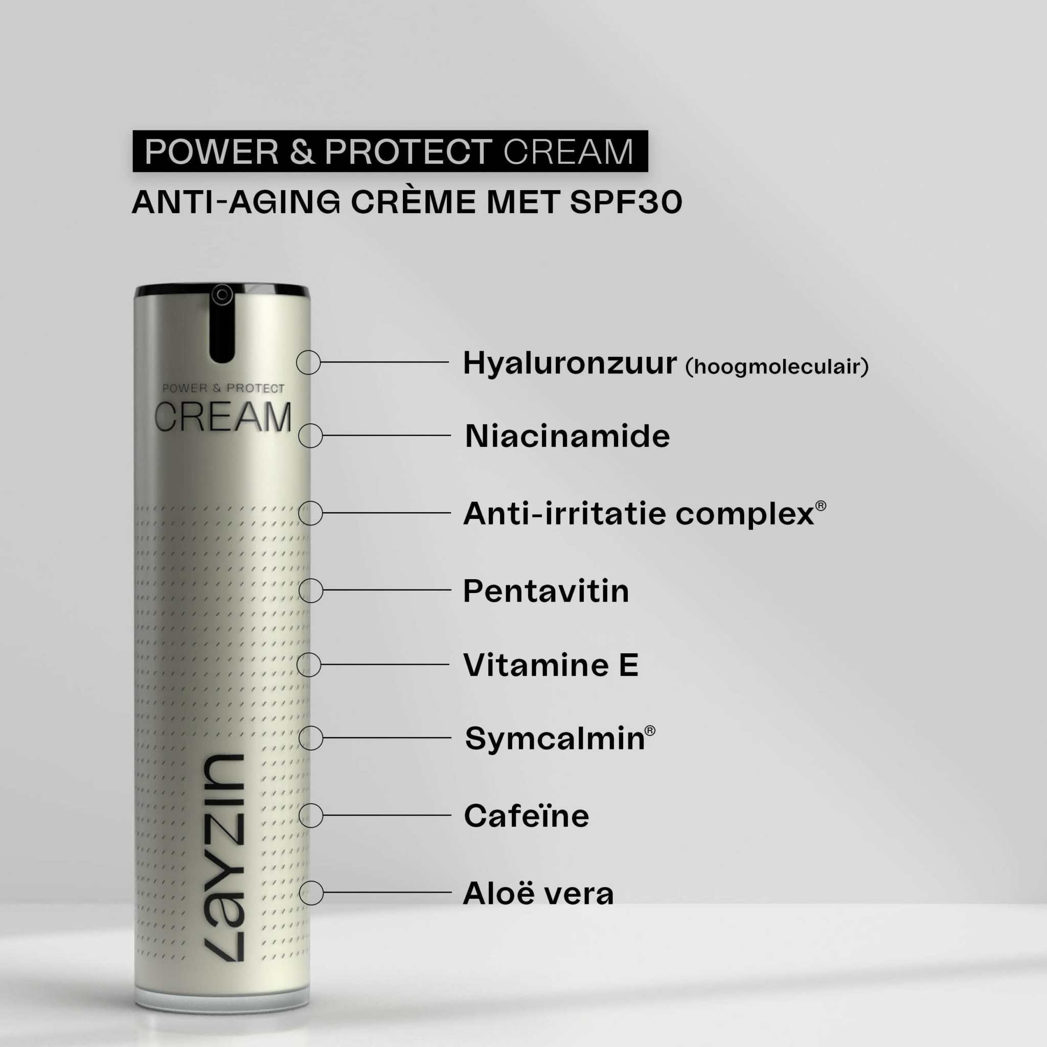 Layzin Power en Protect Cream   spf30 bescherming tegen schadelijke UV straling en huidveroudering 50ml airless dispenser