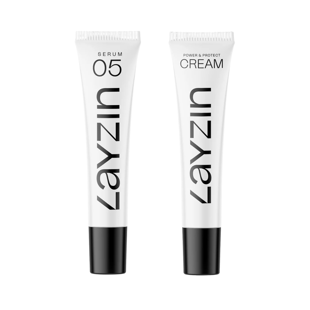 Layzin Gentle Glow DUO serum 05 en Power & Protect cream voor gevoelige huid, kalmerend en beschermend met SPF30.